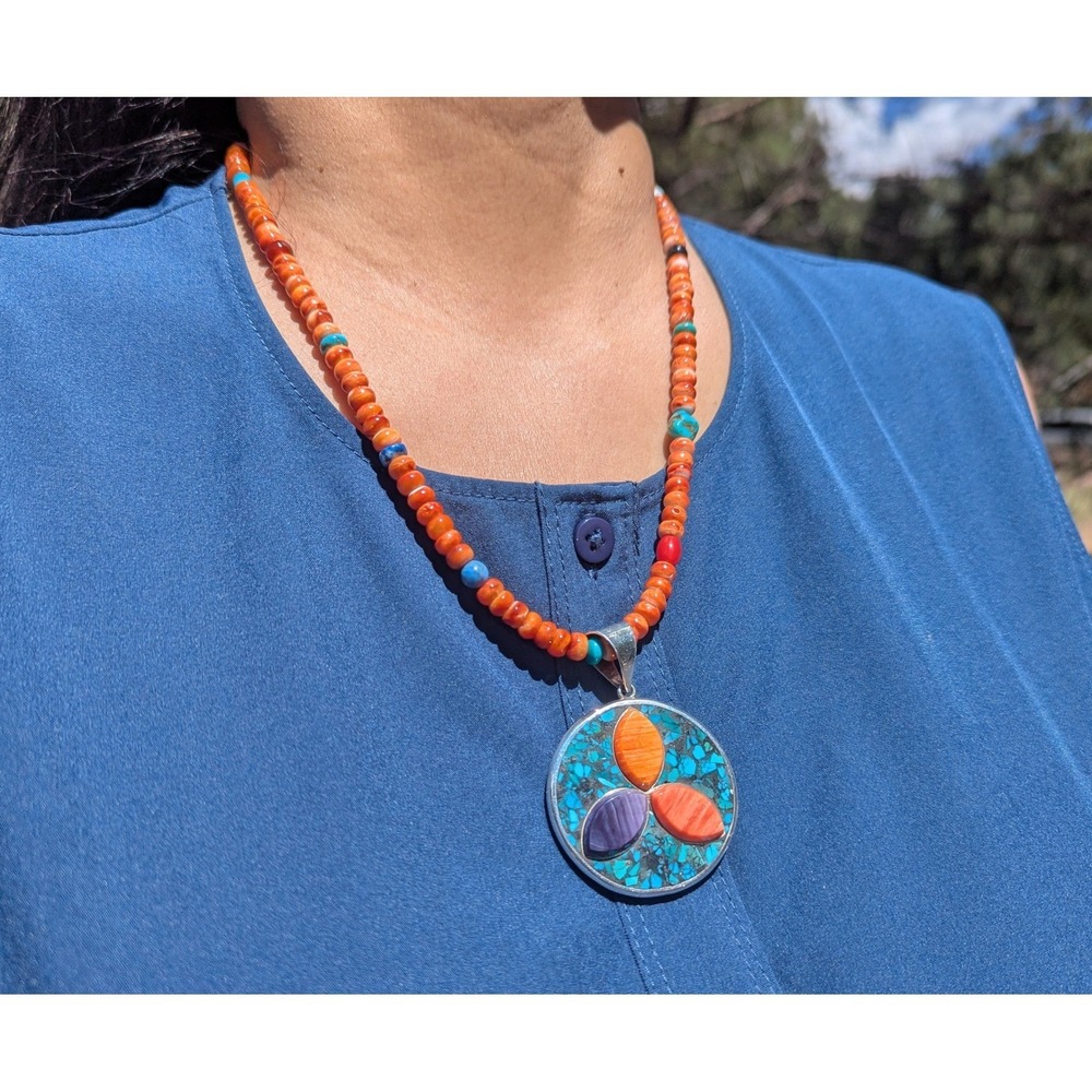 Handmade Necklace Navajo Jewelry‎ Hand cut Orange Spiny Oyster Shell ***